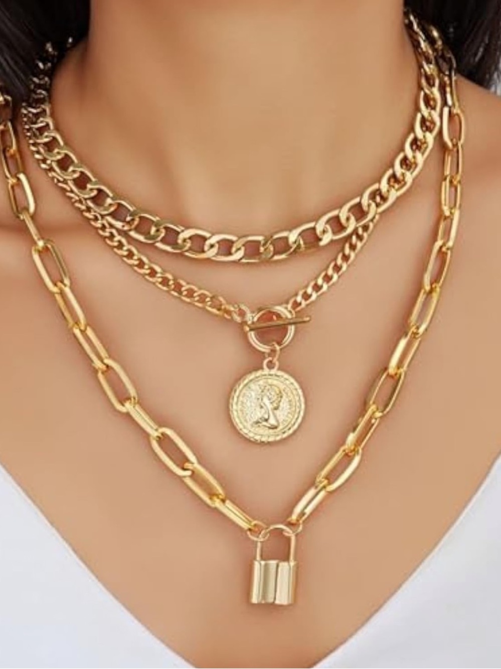 Golden Layered Coin & Padlock Necklace Set
